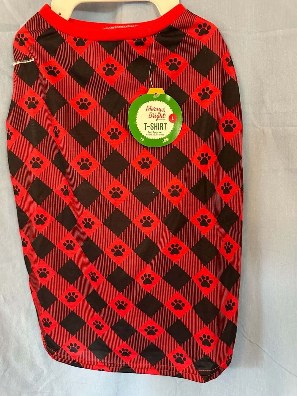 NWT - Merry & Bright Buffalo Check Dog T-Shirt Size L Red Black Paw Print